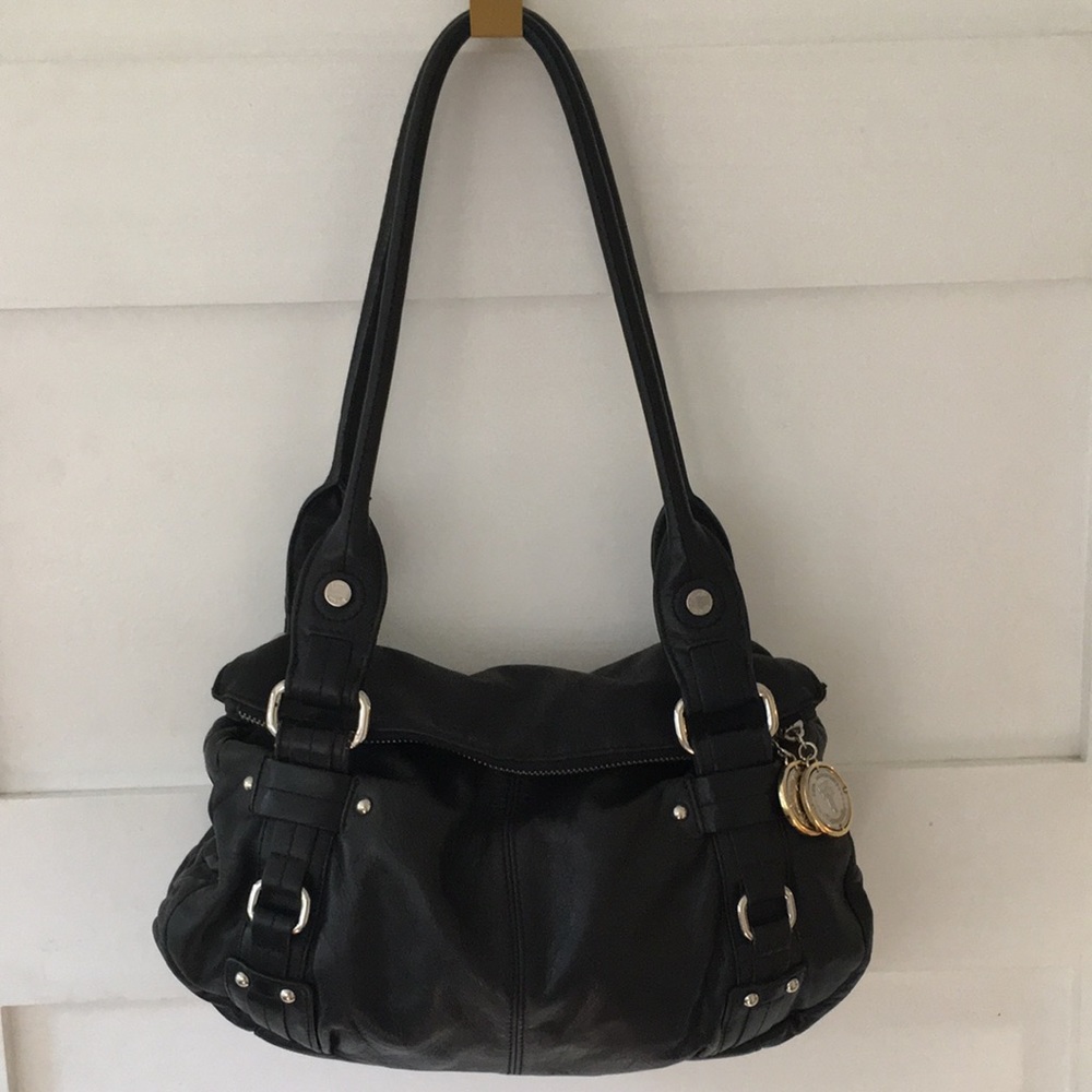 Tignanello black leather handbag with silver and gold hardware.